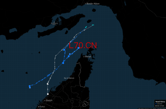 周一清晨，“New Future号”（白色）和“Auroura号”（蓝色）似乎尝试从伊朗拉拉克岛以南穿越霍尔木兹海峡。“NV Sunshine号”（橙色）在从相反方向接近。