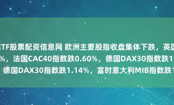 ETF股票配资信息网 欧洲主要股指收盘集体下跌，英国富时100指数跌0.32%，法国CAC40指数跌0.60%，德国DAX30指数跌1.14%，富时意大利MIB指数跌1.33%